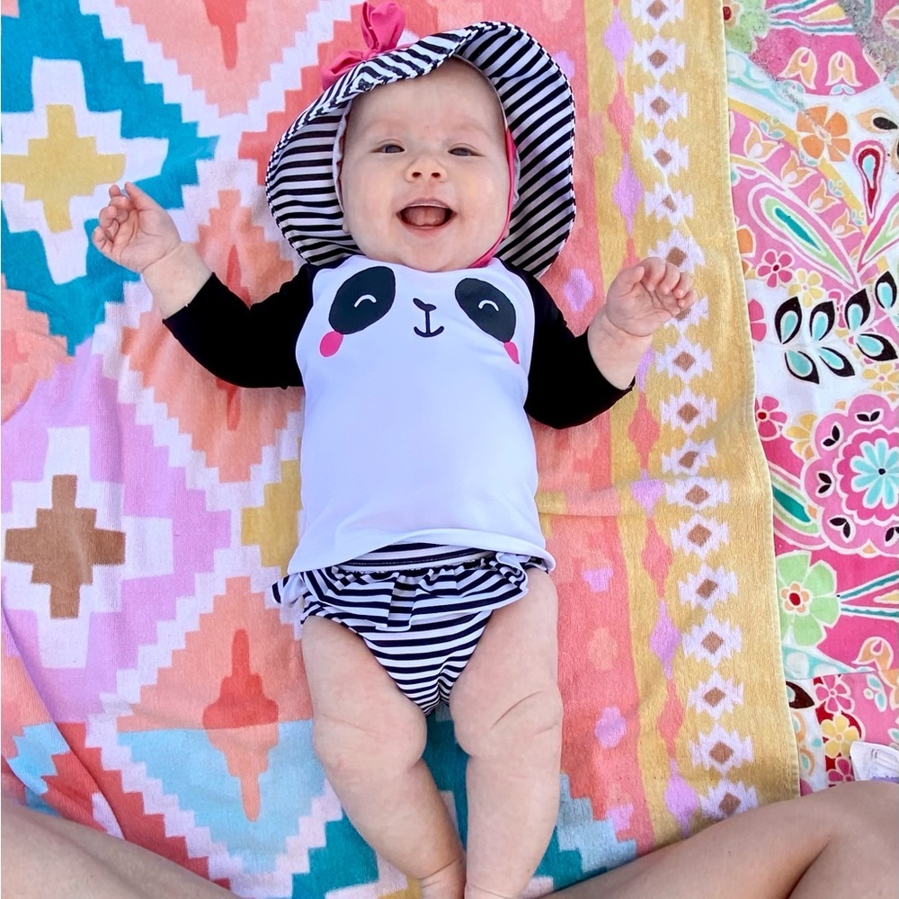 Gymboree White and pink panda striped bathing suit and hat set size 6-12 months